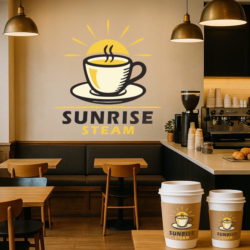 Sunrise Steam storefront with signage and awning
